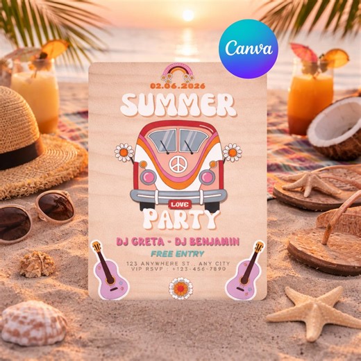 Retro Summer Party Invitation Template | Groovy Beach Boho Floral Editable Printable | | Instant Download - Etsy