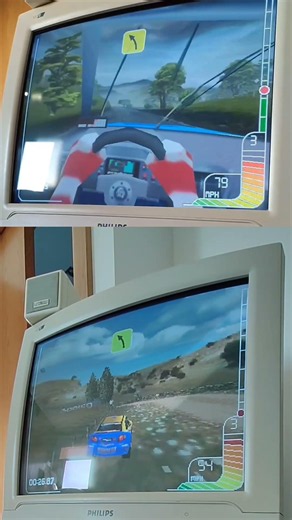 Colin McRae Rally. Direct3D renderer on top vs software renderer on bottom.
