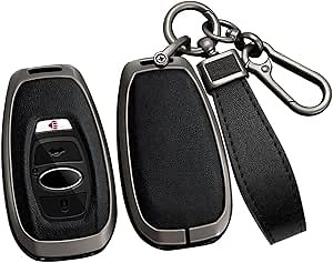 ontto Car Key Cover Smart Remote Key Fob Case Metal Leather Key Housing Fit for Subaru BRZ Legacy Outback Ascent Crosstrek Forester WRX Impreza STI Key Remote Black