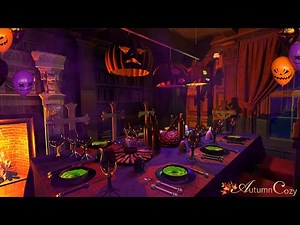 👻 Cozy Halloween Party Ambience | Rain and Thunder Sounds, Crackling Fire, Haunted House Sounds