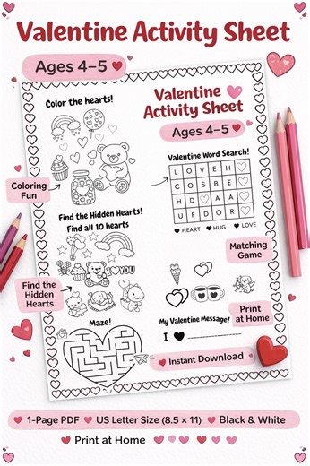 Valentine's Day Worksheet | Kids Ages 4-5, Coloring, Maze (PDF Pattern) - Etsy