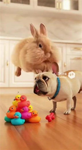 Rabbit Steals Bulldog's Toy in Epic Standoff! #pets #funny