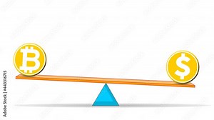 Bitcoin vs dollar on scale animation. Real money and crypto money symbols balancing on the leverage. Finance, technology, blockchain versus. White background. Illustration video footage