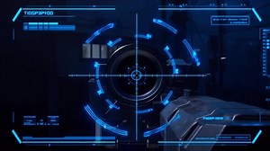 High-tech digital radar screen with glowing circular HUD elements and crosshairs.