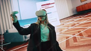 Interior Designer Using a VR Software to Design a Home, Try Different Colors, Move Furniture in Interactive Environment. Female Engineer Using Virtual Reality Headset and Controllers for Her Project.