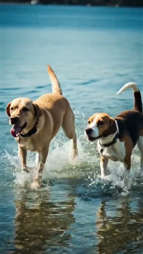 # two dogs running on flowing water