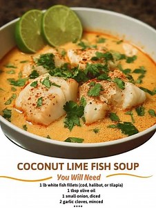 19K views · 43 reactions | Coconut Lime Fish Soup  Ingredients: 1 lb white fish fillets (cod, halibut, or tilapia) 1 tbsp olive oil 1 small onion, diced 2 garlic cloves, minced 1 tbsp ginger, minced 1 tbsp red curry paste 1 can (14 oz) coconut milk 2 cups chicken or vegetable broth 1 tbsp fish sauce Juice of 1 lime Salt and pepper to taste Fresh cilantro, for garnish Lime wedges, for serving Recipe in First Coʍmеոτ  Enjoy ❤️ | Jesus Never Fails | Facebook
