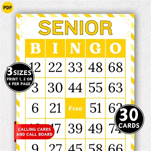 30 Printable Bingo Cards | 1, 2 and 4 per Page, Games for Senior Citizens, Elderly Games, Senior Party Games, Group Games, Senior Bingo PDF - Etsy