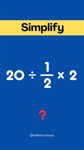 Jalil on Instagram: "😵 99% Fail This Fraction Trap #shorts #maths In this #AlgebraMath challenge, we’re simplifying: Twenty divided by one-half, then multiplied by two. This problem highlights a key fraction rule — dividing by a fraction means multiplying by its reciprocal. Perfect for sharpening your arithmetic accuracy and reinforcing fraction operations! Keywords: divide fractions, reciprocal rule, algebra basics, mental math practice, fraction operations #MathShorts #AlgebraSkills #Fraction
