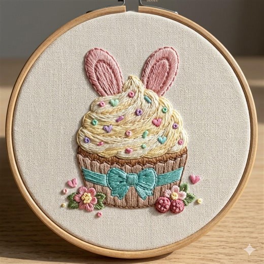 Bunny Cupcake Embroidery Pattern, Floral Cupcake Hand Embroidery PDF - Etsy