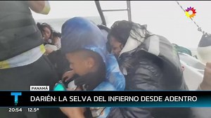 Darién: la selva del infierno, desde adentro. El drama de los migrantes que buscan cruzar la frontera más caliente de América Latina en una odisea en la que ponen en juego su propia vida. Cruzan a pie la selva indómita del Darién, en el límite entre Colombia y Panamá, para buscar una oportunidad: una llave que les permita imaginar un futuro mejor. Llegar a Estados Unidos, el objetivo final de una peregrinación al peligro. La cobertura del equipo encabezado por Carolina Amoroso para Telenoche. | 