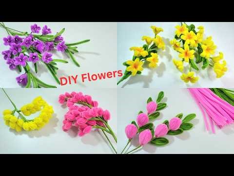 DIY Pipe Cleaner Easy to Make Beautiful 4 Flowers 🌼 | Color Full Chenille Easy Bouquet Flowers 🌼