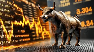 Bullish Market: A bronze bull statue stands proudly against a backdrop of a dynamic stock market chart, symbolizing the potential for growth and prosperity.