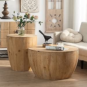 kevinplus Round Wood Coffee Table End Table Side Table Set of 2 with Storage for Living Room, Modern Farmhouse Bucket Shaped Drum Coffee Table for Living Room Apartment, 2-Pcs