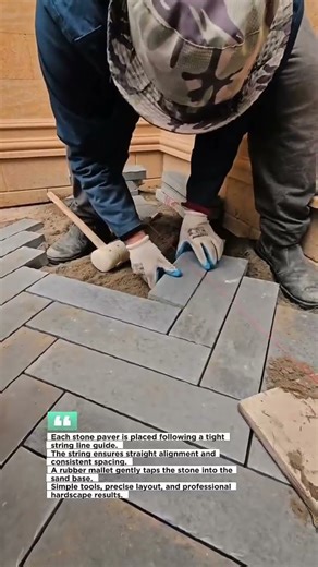 Perfect Stone Paver Alignment Using String Line Method #Paving #Construction #Hardscape