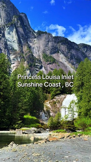 Princess Louisa Inlet is a stunning, 5-mile-long glacial fjord located off Jervis Inlet on the Sunshine Coast of British Columbia, accessible only by boat or floatplane. Highlights include Chatterbox Falls a massive, 120-foot glacier-fed waterfall that tumbles right into the salt water at the head of the inlet, and sheer rock walls rise sharply up to 2,100 meters (7,000 feet) above the water. #bc #canada #sunshinecoast #britishcolumbia #waterfalls