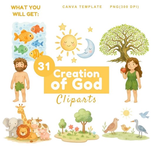 Genesis Creation Clipart Bundle: Adam and Eve, Watercolor Bible Story (PNG, Canva Template) - Etsy