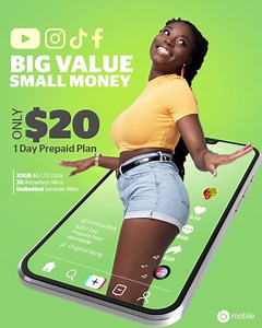 Is pure niceness for $20 on bmobile. Get the new $20 1-Day Prepaid Plan with 20GB of Data, 30 Anywhere Minutes, Unlimited bmobile Minutes and FREE WhatsApp and FB Messaging. Big Value for Small Money. Dial *123# and don’t miss out. #bmobile #Prepaid #NewPlan #MoreForTwenty | bmobile