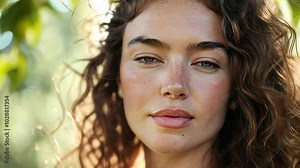 Beautiful model with long, curly hair poses gracefully, her face illuminated by sunlight filtering through lush green leaves, creating a serene and peaceful atmosphere