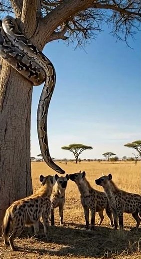 Survival of the Fittest: Hyenas vs. Python in the African Wild! #Hyenas #Python #Wildlife #Savannah