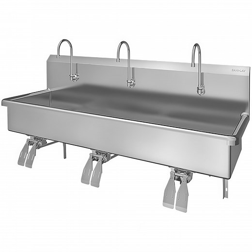 Sani-Lav 56WSL 60" x 20" Wall Mounted Multi-Station Hands-Free Sink with 3 Knee-Operated 2 GPM Faucets