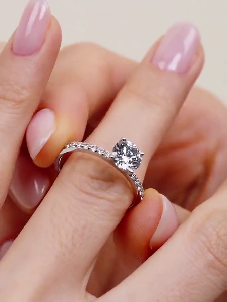 Round Cut Diamond Engagement Ring, Pave Band Solitaire Ring, 4 Prong Setting, Minimalist Bridal Ring, Gift for Her - Etsy