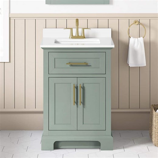 Reviews for Home Decorators Collection Doveton 24 in. Single Sink Freestanding Sage Green Bath Vanity with White Engineered Stone Top (Assembled) | Pg 1 - The Home Depot