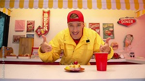 Happy caucasian restaurant worker dancing and putting food to table while dancing to freestyle music. Professional skilled waiter prepare food for customer while standing behind food bar. Regalement.