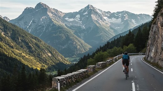 A Cyclist Navigates Serene Mountain Roads Surrounded by Majestic Peaks and Lush Greenery, Capturing the Essence of Adventure in Nature s Embrace | Premium Stock Video Footage