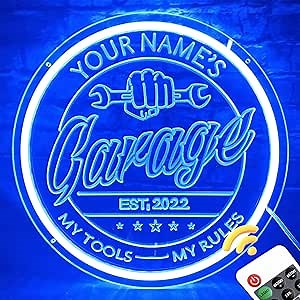 Custom Garage Neon Sign for Wall Decor, Personalized Garage Neon Light with Remote Dimmer, 3D Art LED Garage Signs for Man Cave Carport Workshop Decor, Birthday Gifts for Men Dad 12''x12''