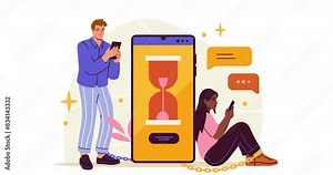 Internet addiction and digital overload. Moving Unhappy man and woman chained to smartphone. Characters suffer from mental problems and addiction to social networks. Cartoon flat animated graphics