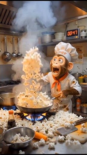 Monkey Chef Disaster 😂🔥 Popcorn Explosion Gone Wrong! | Ep 1 #shorts