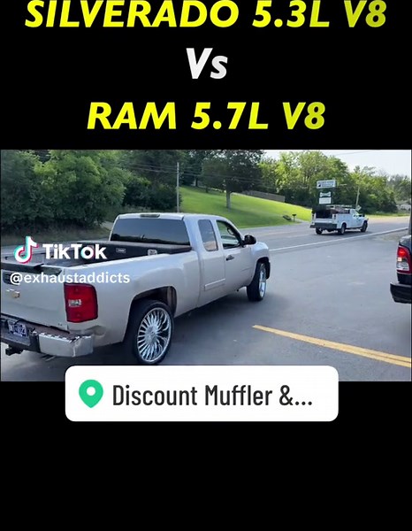 Chevy Silverado 5.3L V8 Vs RAM 1500 5.7L HEMI V8! Who Sounds Best? . DM us for prices and info! . Call us at 615-612-6244! . Located at Discount Muffler & Custom Exhaust 3560 Dickerson Pike Nashville, TN! . #exhaustaddicts #chevy #chevytrucks #chevysilverado #chevylife #chevyluv #chevyperformance #ram #ram1500 #hemi #hemipower #mopar #moparornocar #v8 #v8power #v8sound #v8s #exhaust #exhaustsound #exhaustsystem #fyp #fy #foryoupage #instagram #instagramreels #reelsinstagram #reels