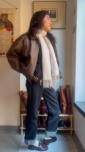 lily 覆 on Instagram: "cozy day  jacket: 1980s leather aviator jacket sweater: Nepali-knit Icelandic pattern sweater from The Attic jeans: Sugar Cane 1947s from Self Edge shoes: thrifted boys penny loafers from Brooks Brothers #ootd #outfitinspo #outfitinspiration #outfitoftheday #outfitideas #thrift #thrifted #vintage #vintagefashion #style #selvedge #selvedgedenim #denim #rawdenim"