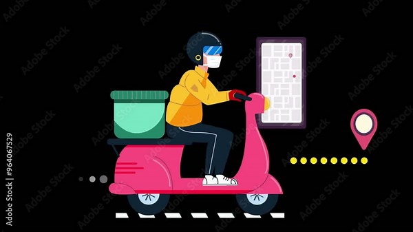 Motorcycle delivery service 2D animation with live gps location in mobile screen with green screen