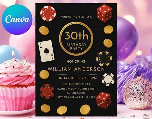 Casino Birthday Invitation, Poker Night Theme (editable Canva) - Etsy