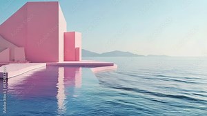 Pink geometric structures emerge from calm sea against hazy horizon. Soft focus and muted colors create dreamlike atmosphere, blending reality with abstract forms.