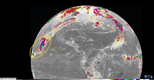WIDE GOES WEATHER SATELLITE VIEW with the northward stream in high altitude moisture all the way from just north of the equator over the South Pacific well west of southern Mexico can be seen. Though we can't see the high clouds above us in Chicago today thanks to the thick low overcast which shrouds the city, we were able to see those high clouds, it's interesting to note the source of that moisture was a region of the atmosphere 3,200 miles southwest of Chicago! | Tom Skilling