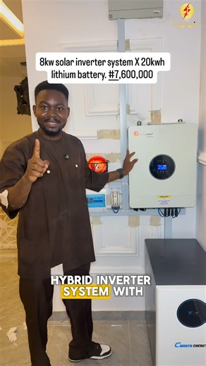 JUWON ELECTRIC || INVERTER IN LAGOS ⚡️⚡️ on Instagram: "#7,600,000 with installation and delivery. 8kva inverter system X 20kwh lithium iron battery X 7.7kwp solar panels. The inverter is pure sine wave with LCD display, with intelligent capacity to show remaining back up time, time to full, charging status, Eco mode, battery status and general caution signals. 24/7 electricity (terms and conditions apply) ⚡️ Load capacity; 5 fans, 3 tvs, 4 decoders, 2 sound system, 1 microwave, 20 lighting poin