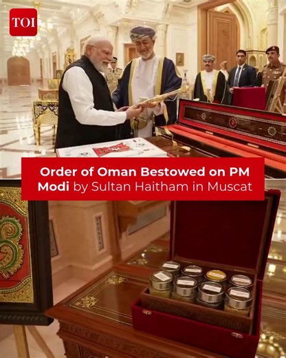 #Watch | Sultan Haitham bin Tariq Al Said conferred the prestigious #OrderofOman upon Prime Minister Narendra Modi in #Muscat, marking a milestone in India–Oman ties. #Muscat #PMModi #NarendraModi #OrderOfOman #IndiaOmanRelations | The Times of India