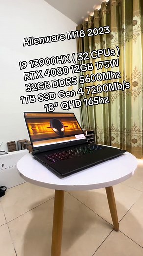 Dell Alienware M18 2023 - i9 13900HX - RTX 4080 12GB 175W - 32GB DDR5 5600Mhz - 1TB SSD Gen 4 7200Mb/s - 18 inch QHD 165hz - Máy Mới 100% Chưa SD Giá Chỉ : 64.990.000 Đ#dell #alienware #dellalienware #laptop #laptopgaming #gaming #gamer #game #gamers #intel #2023 #rtx #rtx4080