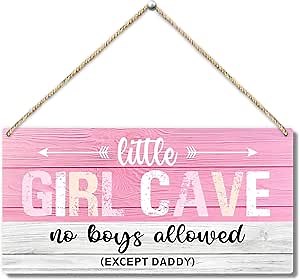 Pink Bedroom Nursery Wooden Sign, Girl Cave No Boy Allowed Except Dad Rustic Wall Plaque, Farmhouse Hanging Wooden Art Printed Decor Gift for Outdoor Indoor Home -43