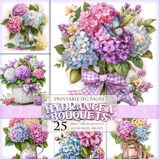 Hydrangea Bouquets Clipart Set, Printable 25 JPEG Image, Blue & Purple Flower Bouquets in Vase, Boho Floral, Scrapbooking (digital Download) - Etsy