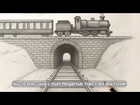 How to draw train station using 1 Point Perspective: Train Tracks and Tunnel