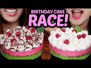 ASMR BIRTHDAY CAKE RACE! EATING HUGE RASPBERRY GREEN TEA MOUSSE CAKES 케이크 먹방 केक ケーキ MUKBANG