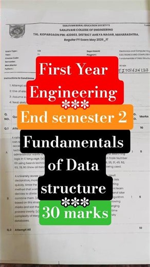 Fundamentals of Data structure #exam #engineering sanjivani college of engineering kopargaon