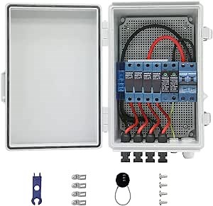 PV Combiner Box 4 in 1 DC 550V Photovoltaic Lightning Solar Panel - 15A Current Fuse Surge Protective Device - Waterproof Plastic Pre-Wired Cable Box