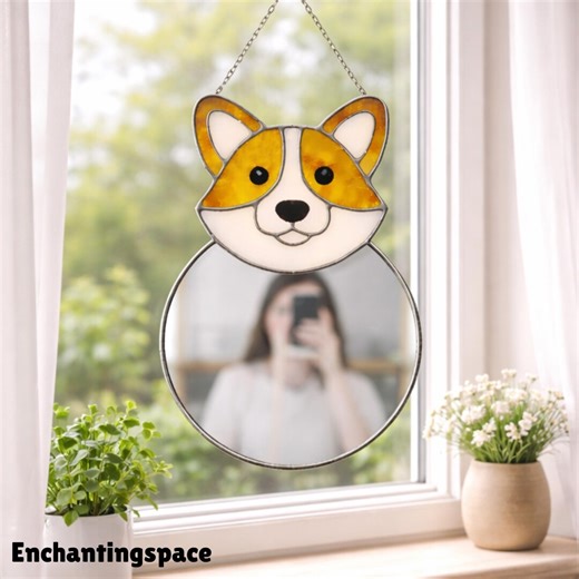 Corgi Stained Glass Mirror for Bedroom or Makeup Corner Decor, Handcrafted Pet Hanging Wall Decor, Gift for Dog Lovers - Etsy