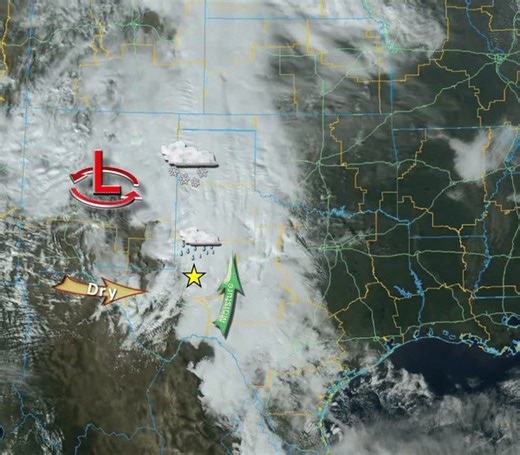 3:45 PM 1/4/24: Here's a satellite loop looking at today's storm system. We're seeing a swath of rain pushing through the Permian Basin this afternoon but drier air is quickly filling in behind it setting up a quiet weekend. Much of the better moisture with this storm (and even some snow!) is found to our north up in the Texas Panhandle and northeastern New Mexico. | US National Weather Service Midland Texas