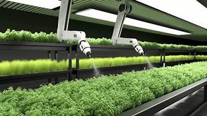 Smart robot farmers are working with digital display data, Agriculture technology, Farm automation